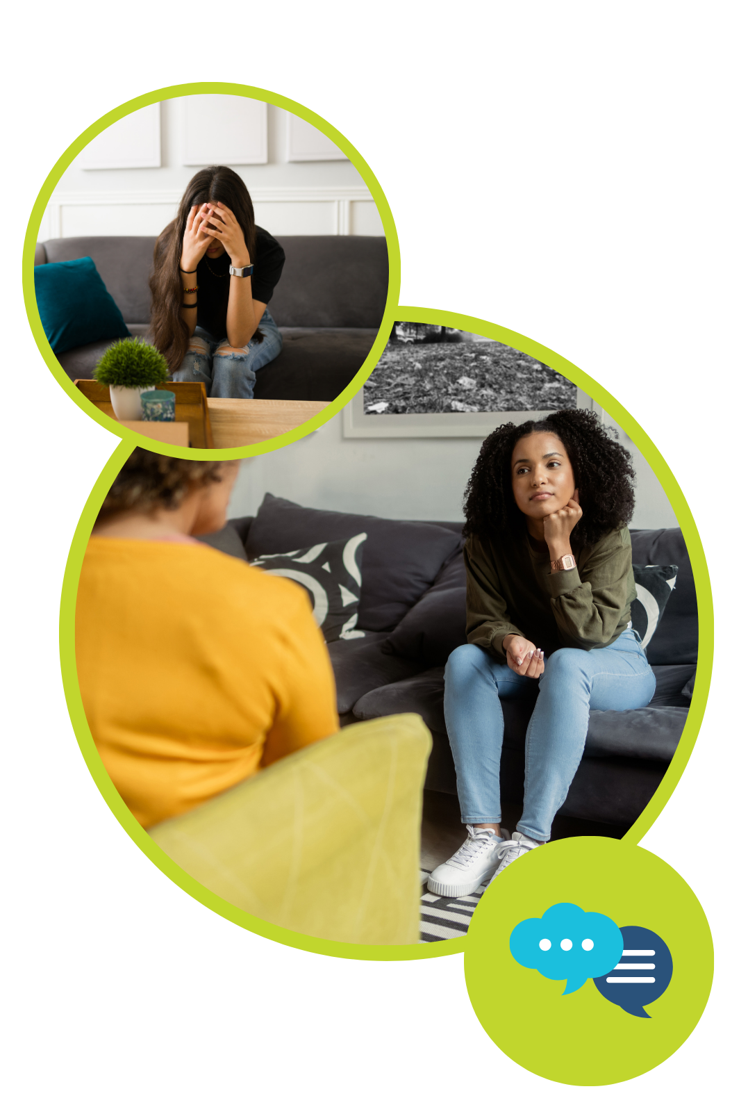 Graphic of a teenage girl talking to a therapist, and another image on top of a teen girl with her head in her hands